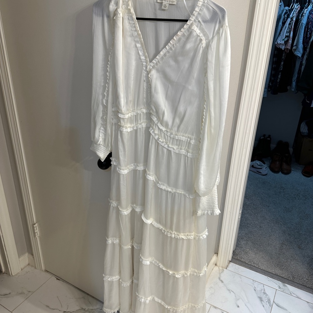 Satin Ruffle Deep V-Neck Long Smocked Cuff Sleeve Tiered Maxi Dress